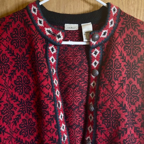 L L Bean Women’s Nordic Sweater Cardigan Size Large - Wool Knit Holiday Folk - Picture 3 of 8